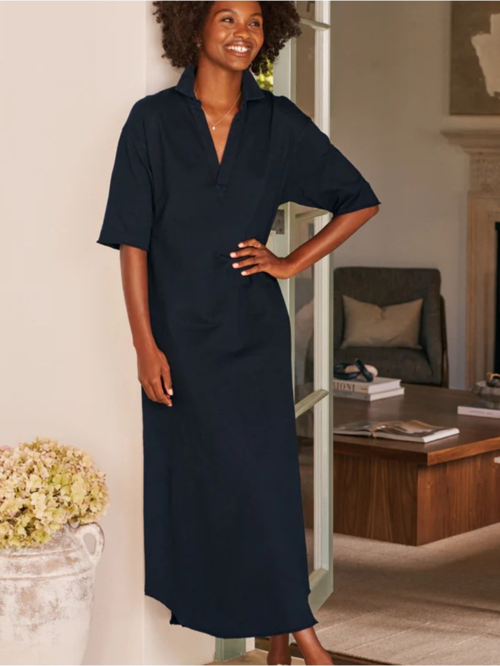 Sz M Frank & Eileen Emma Henley Short Sleeve Maxi Dress black cotton